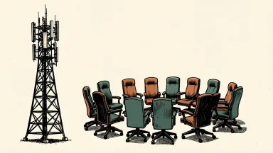 Verizon expands its board: a tenth boardroom chair is added to a circle of nine near a tall telecommunications tower.