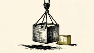 Hyperscale Data reports preliminary Q3 revenue growth: a heavy industrial crane hook lifts a large geometric block above a smaller one on ivory paper.