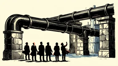 Blackstone and Apollo fundraising pipelines remain strong: a massive, intact industrial pipeline flows steadily above a group of silhouettes in a headwind.