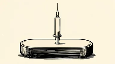 Viking Therapeutics obesity drug VK2735 trial: a large medicinal tablet supporting a vertical syringe to represent oral maintenance after initial injection.