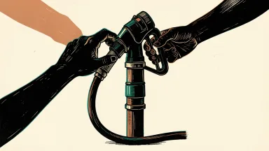 Clean Energy Fuels leadership transition: a large industrial fuel nozzle being handed over between two silhouetted hands.