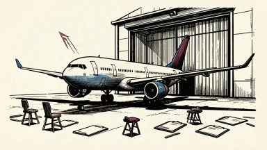 An editorial illustration of a wide-body aircraft stopped before a closed hangar by a line of empty engineer stools.