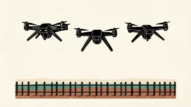 Russian drone threat near Baltic borders: three drone silhouettes fly above an intact border fence.