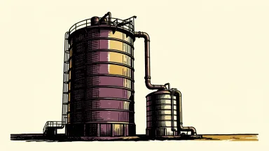 GeoPark oil production expansion: a massive industrial storage tank towers over a smaller one, connected by a thick pipeline representing diluent supply.