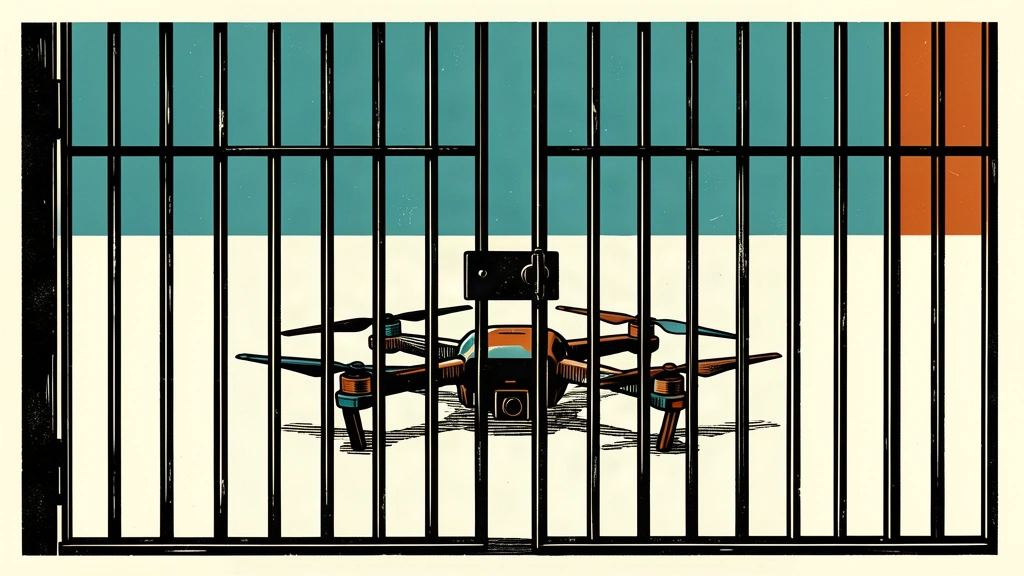 A grounded quadcopter drone is visible behind the bars of a locked, intact iron gate that prevents it from taking flight.