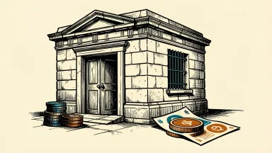 HDFC Bank faces a securities class action lawsuit; a sealed bank building with a barred window and a covered coin stack.