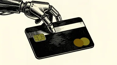 A robotic hand reaches down to pick up a large credit card.