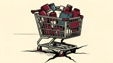 Costco stock under pressure despite strong earnings: a heavily loaded shopping cart with one wheel stuck in a floor crack.