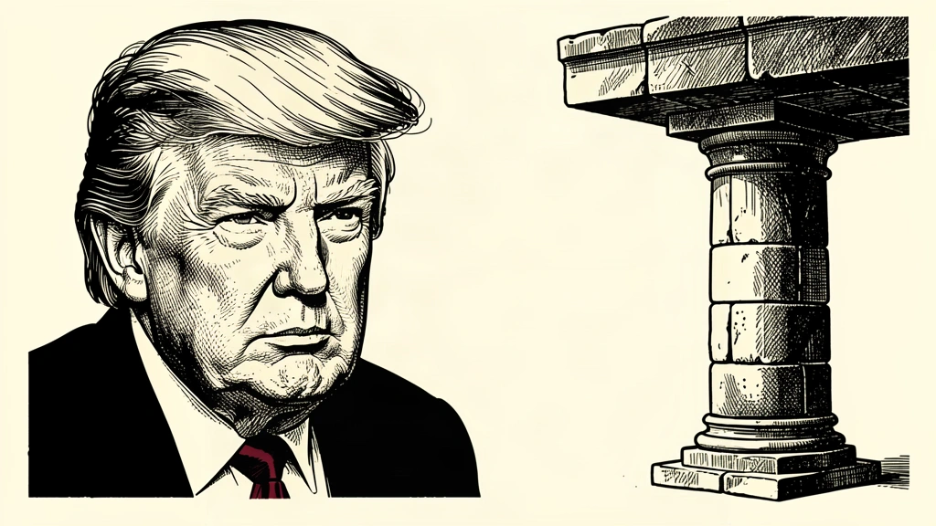 An editorial illustration showing Donald Trump looking toward a single, heavy stone pillar that supports a large horizontal block. Identity photo references adapted into illustration: Daniel Torok (Public domain; https://commons.wikimedia.org/wiki/File:Official_Presidential_Portrait_of_President_Donald_J._Trump_(2025).jpg); source https://commons.wikimedia.org/wiki/File:Official_Presidential_Portrait_of_President_Donald_J._Trump_(2025).jpg