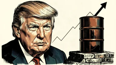 Donald Trump and rising oil prices: a portrait of Trump next to an oil barrel on a rising platform as bond yields climb. Identity photo references adapted into illustration: Daniel Torok (Public domain; https://commons.wikimedia.org/wiki/File:Official_Presidential_Portrait_of_President_Donald_J._Trump_(2025).jpg); source https://commons.wikimedia.org/wiki/File:Official_Presidential_Portrait_of_President_Donald_J._Trump_(2025).jpg