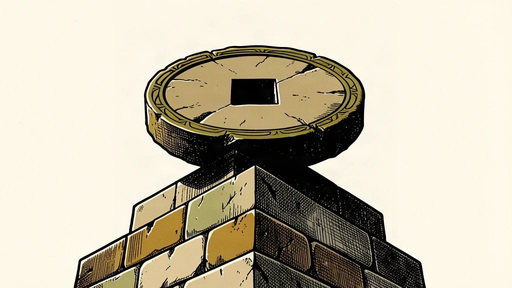A large stone disc with a square center sits at the summit of a rising block structure, representing the yuan's strongest midpoint level.