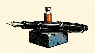 MiniMed appoints a new General Counsel: a medical vial balanced on a large fountain pen that rests across a stone base.