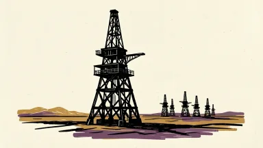 Baker Hughes rig count scene: one oil rig in foreground with several more in background on a plain.