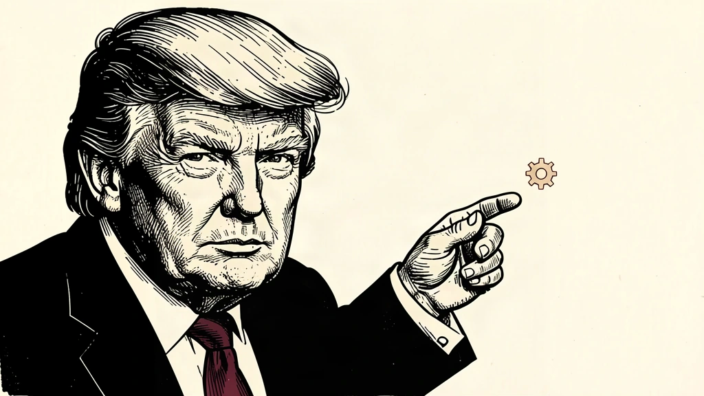 A black ink portrait of Donald Trump reaching toward a single, small, colored gear in open space. Identity photo references adapted into illustration: Daniel Torok (Public domain; https://commons.wikimedia.org/wiki/File:Official_Presidential_Portrait_of_President_Donald_J._Trump_(2025).jpg); source https://commons.wikimedia.org/wiki/File:Official_Presidential_Portrait_of_President_Donald_J._Trump_(2025).jpg