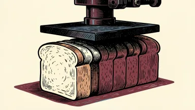 Flowers Foods facing a price target cut: a large loaf of sliced bread being compressed by a heavy descending industrial press.