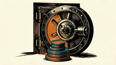 Fifth Third Bancorp reports third-quarter net income: a heavy bank vault door stands open beside two stacks of coins arranged in groups of five and three.
