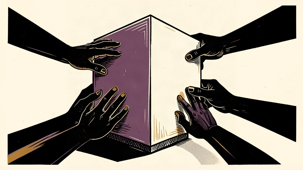 An editorial illustration showing dark silhouettes of hands reaching from the shadows to seize a large, glowing central monolith.