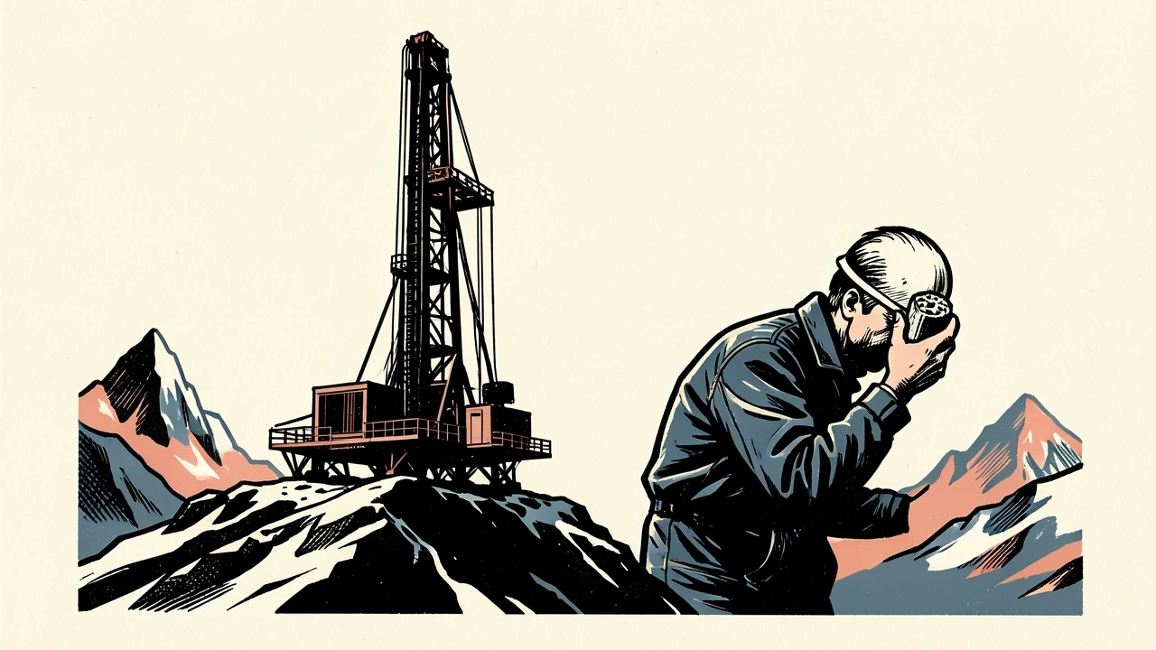 Greenland Mines advancing its projects: an industrial drill rig on a snowy ridge with a hand holding a mineral core sample in the foreground.