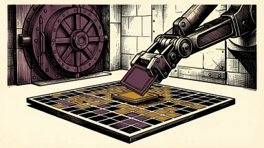 Synopsys share repurchase: a mechanical arm lifts a single chip from a large silicon wafer in front of a heavy vault door.