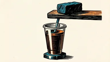 Dutch Bros price target lowered by DA Davidson: a heavy stone on a beam presses down on a coffee straw, reducing its height while the cup remains intact.