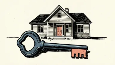 KB Home opening a new community in Texas: a residential house with a large house-shaped key resting on the ground in front of it.