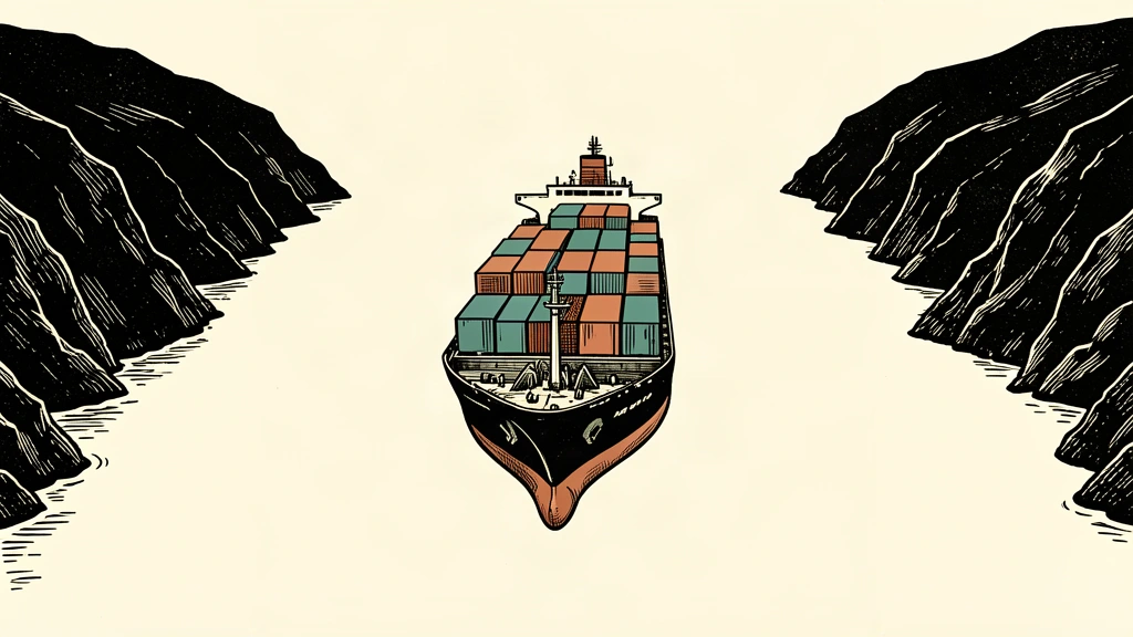 An editorial illustration of a container ship stalled in a narrow strait, representing a prediction market on shipping halts.