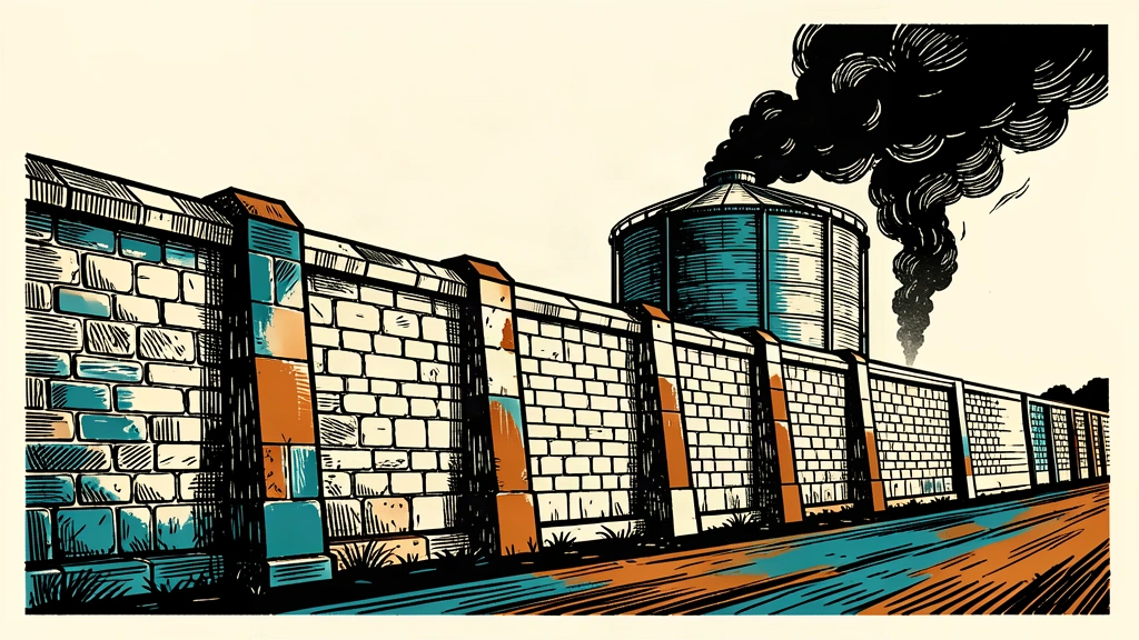 A stylized editorial illustration of three heavy stone buttresses reinforcing a long wall that protects an industrial site from a distant plume of smoke.