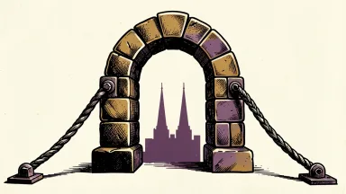 Churchill Downs secures new financing: a stone archway with a horseshoe motif is reinforced by two thick cables anchored into its sides.