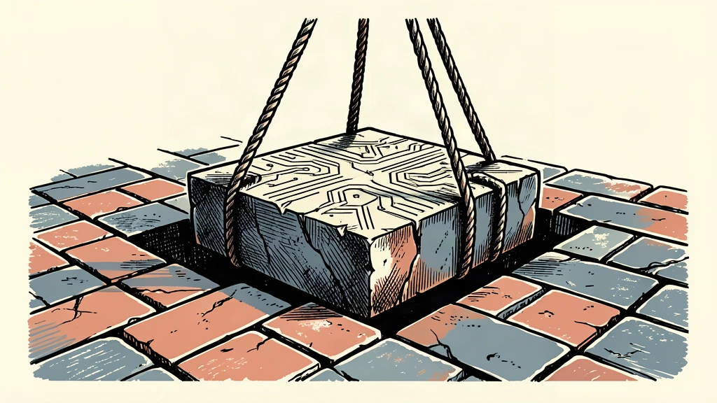 An editorial illustration showing a heavy stone block with circuit patterns being lowered into a foundation, representing Europe building its own AI infrastructure.