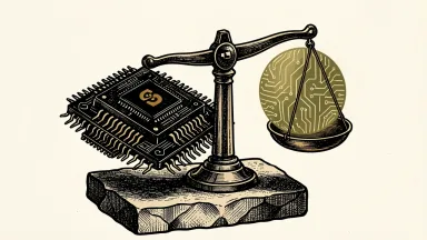 Intel stock upgraded to neutral: a large computer processor chip sits behind a balanced scale holding a heavy weight and a glowing AI circuit orb.
