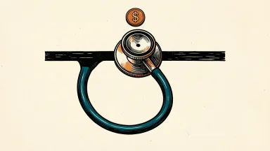POMDOCTOR facing Nasdaq delisting: a stylized stethoscope rests on a horizontal threshold with a single dollar coin positioned above the line.