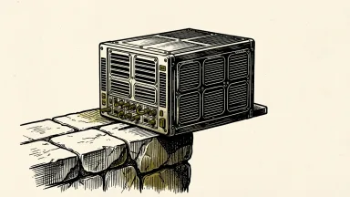 Volta Infrastructure AI loan deal: a large server chassis partially supported by a stone ledge, with most of its weight overhanging a void.
