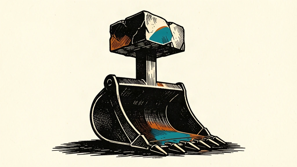An editorial illustration showing an industrial excavator bucket lifting a heavy stone block to a higher elevation using a single central support.