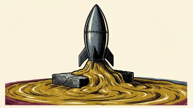 Goldman Sachs earns massive fees from SpaceX IPO: a large rocket booster on a stone base with a thick stream of gold flowing from its engine into a deep pool.