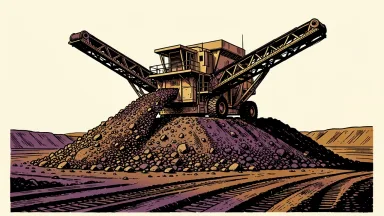 B2Gold Goose Mine operations: a mobile ore crusher processing a large mound of rock at a mining site.