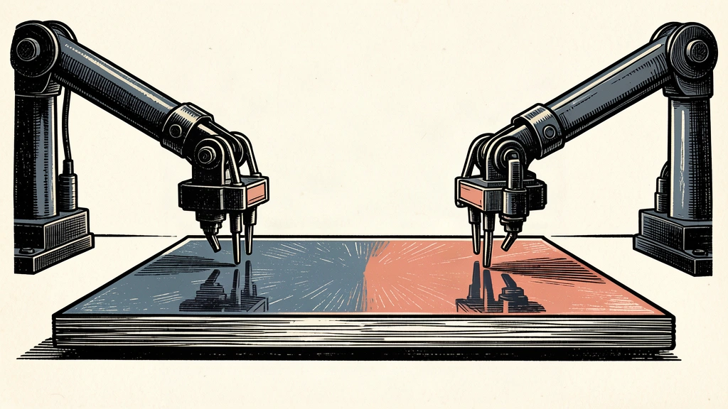 An editorial illustration of two mechanical assembly arms poised over a blank silicon wafer, representing the unconfirmed manufacturing talks between Intel and SK Hynix.