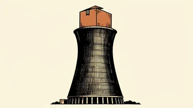 Constellation and Amazon nuclear power agreement: a large cardboard delivery box rests on the rim of a massive nuclear cooling tower.