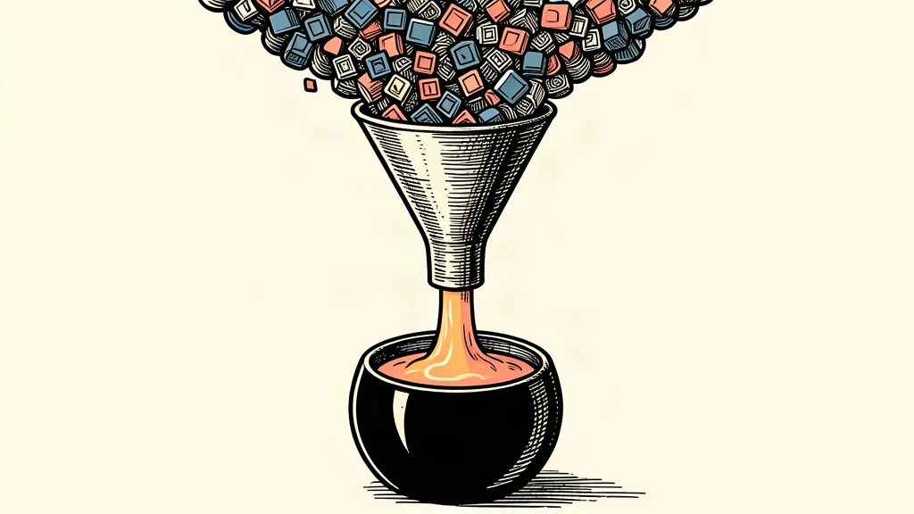 An editorial illustration showing a large funnel processing a mass of data tiles into a concentrated stream of value, representing the growth of the customer intelligence market.