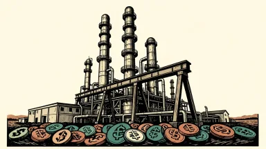 America First Refining's Texas refinery project: a large industrial refinery complex rising from a foundation of currency symbols.