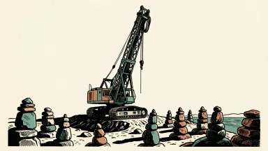 Greenland Mines positioned for milestones: a mining drill rig stands on a rocky ridge with a path of stone markers leading toward the horizon.