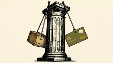 Amazon and Visa driving Dow gains: a heavy stone pillar representing the index is lifted by a delivery box and a payment card.