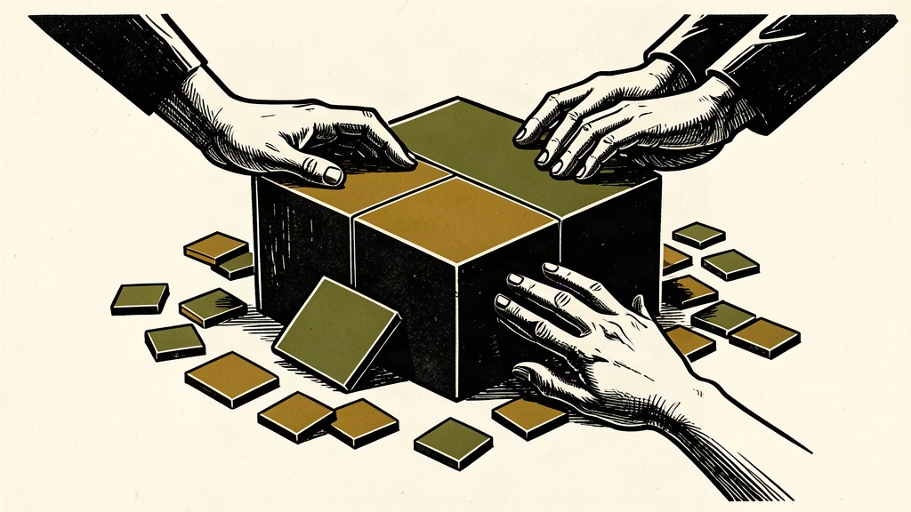 An editorial illustration showing scattered small tiles being consolidated into one large, solid central block by anonymous hands.