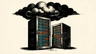 Tech stocks slide as CoreWeave credit fears mount: a dark cloud hangs over a server rack while a second rack tilts toward it.