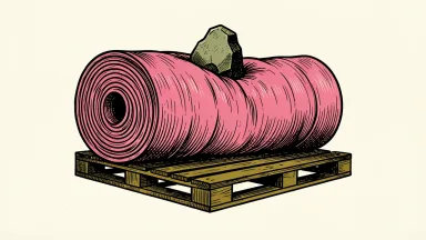 Owens Corning rating downgrade: a roll of pink insulation on a pallet is pressed down by a heavy stone weight.