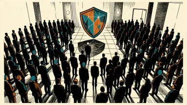 CrowdStrike Fal.Con Europe sees record attendance: a dense crowd of silhouettes gathers in a large hall before a glowing shield symbol.