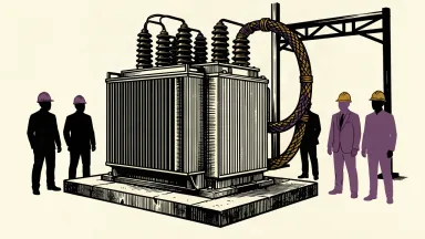 CenterPoint Energy grid upgrade: a large industrial transformer connected to a glowing power cable with workers standing nearby.