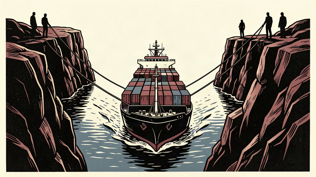 An editorial illustration of a cargo ship being guided through a narrow strait by ropes held by figures on the shore.