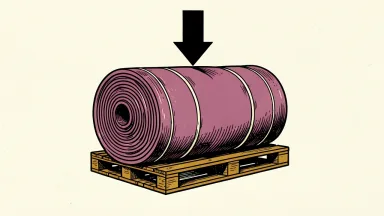 Owens Corning downgraded to Sell: a roll of pink fiberglass insulation on a pallet under a large downward-pointing arrow.