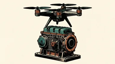 Red Cat launches a bid for Steyr Motors: a modern drone hovers over a heavy industrial engine block.