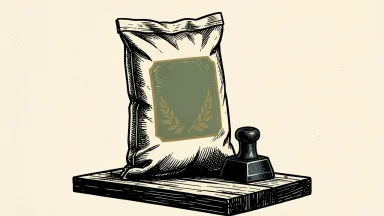 Corteva upgraded to Overweight by KeyBanc: a large agricultural seed bag on a platform being weighed down by a heavy iron block.